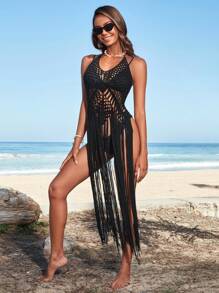 SHEIN Hollow Out Fringe Hem Crochet Halter Cover Up - Black - View 6