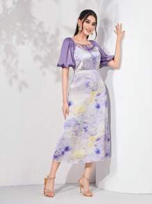 Modelyn Marbled Print Tie Front Puff Sleeve Dress - Multicolor - View 5