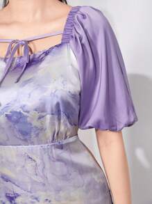 Modelyn Marbled Print Tie Front Puff Sleeve Dress - Multicolor - View 6