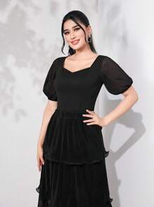 Modelyn Sweetheart Neck Puff Sleeve Top & Frill Trim Skirt Without Belt - Black - View 5