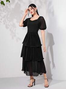 Modelyn Sweetheart Neck Puff Sleeve Top & Frill Trim Skirt Without Belt - Black - View 1