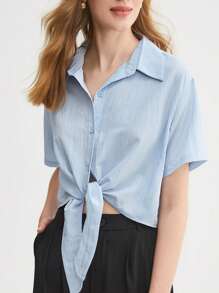 BizChic 前紐扣下擺打結襯衫 - 淺藍色 - 查看 1