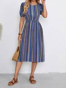 EMERY ROSE Allover Print Puff Sleeve Dress - Blue - View 1