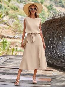 SHEIN LUNE 素色背心上衣和高衩半身裙 - 杏色 - 查看 1