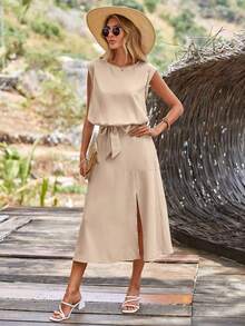 SHEIN LUNE 素色背心上衣和高衩半身裙 - 杏色 - 查看 3