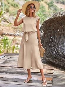 SHEIN LUNE 素色背心上衣和高衩半身裙 - 杏色 - 查看 4