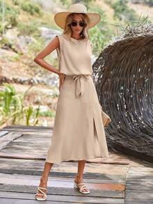 SHEIN LUNE 素色背心上衣和高衩半身裙 - 杏色 - 查看 6