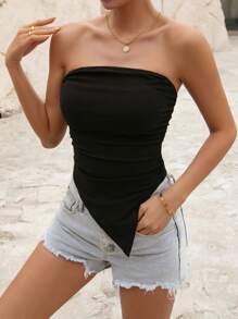 Breezaya Top bandeau unicolor fruncido bajo asimétrico - Negro - Ver 5