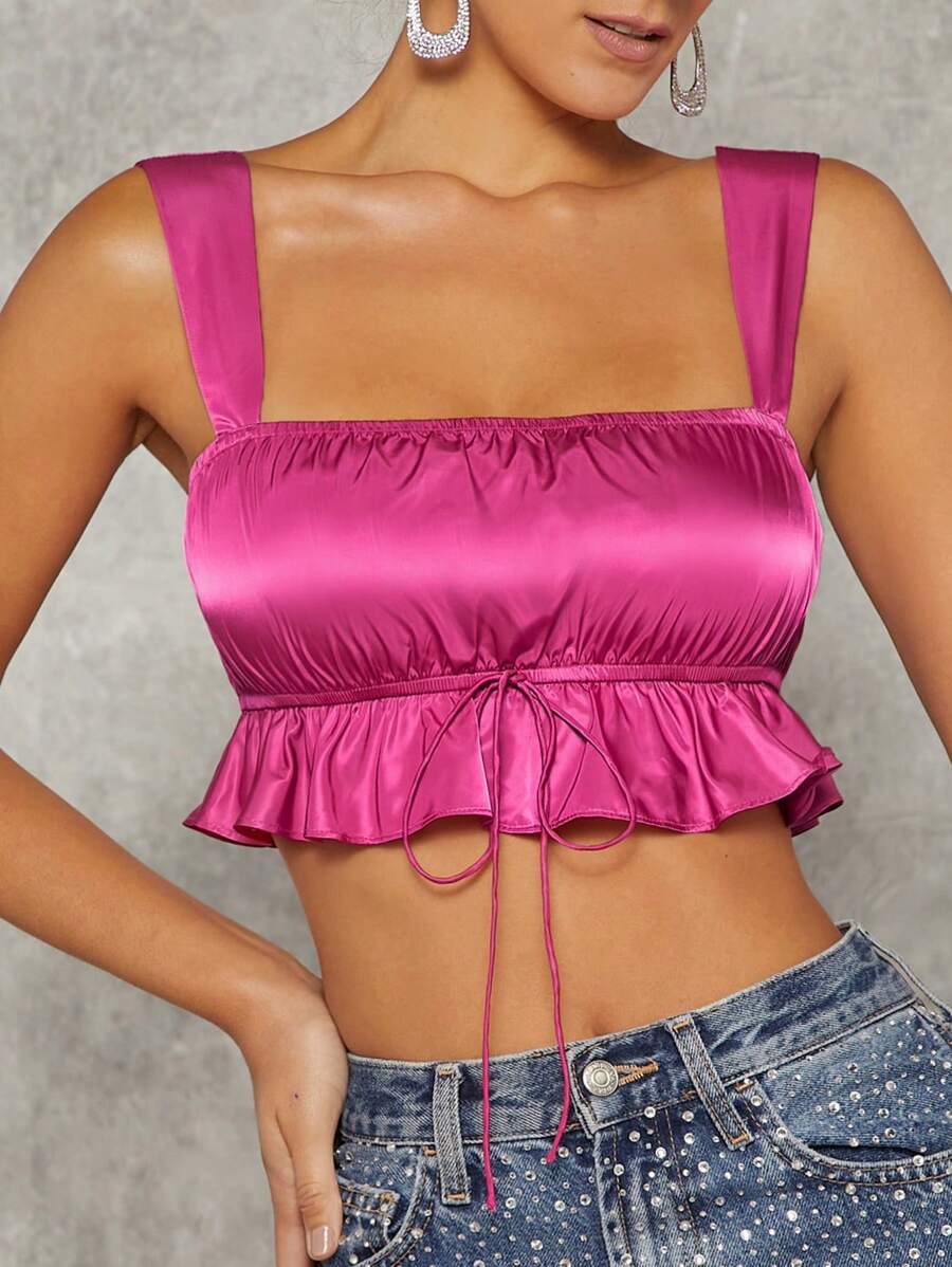 Hauture Ruffle Hem Tie Front Satin Crop Top