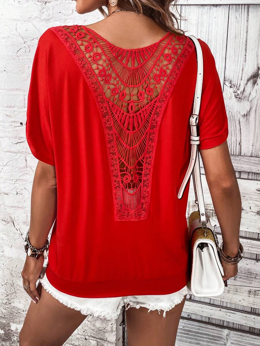 SHEIN LUNE Áo thun nữ Tương phản ren màu trơn Giải trí - Đỏ - Xem 1