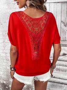 SHEIN LUNE Áo thun nữ Tương phản ren màu trơn Giải trí - Đỏ - Xem 2