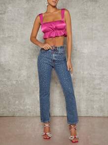 Hauture Ruffle Hem Tie Front Satin Crop Top