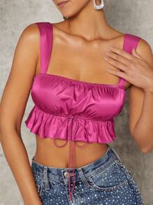 Hauture Ruffle Hem Tie Front Satin Crop Top