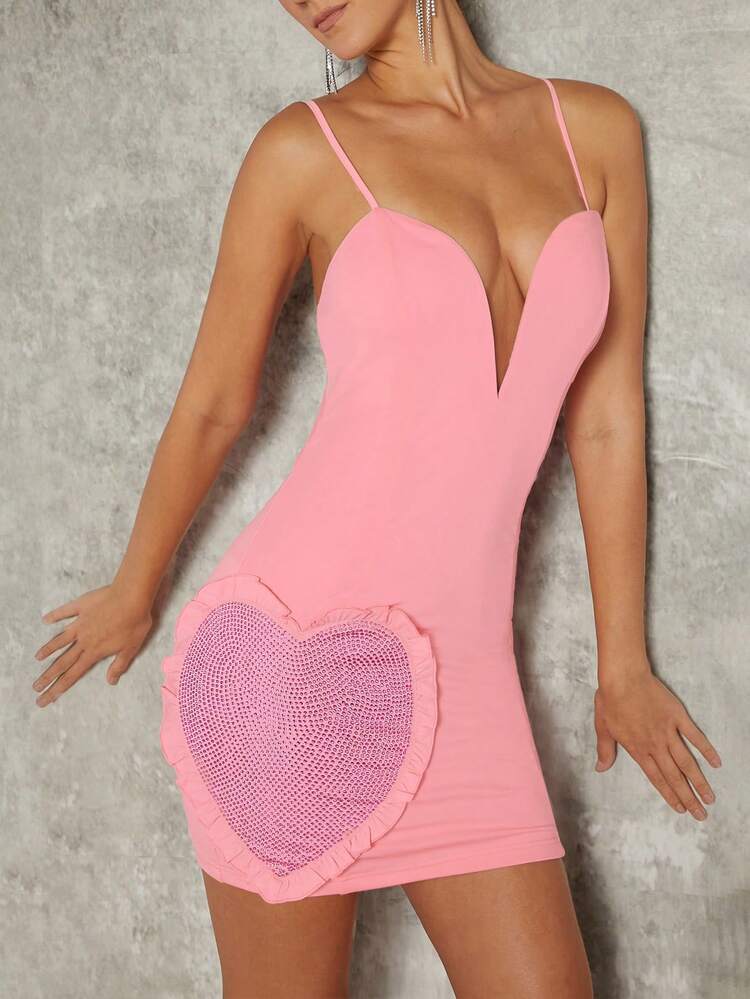 Rhinestone Heart Frill Bodycon Cami Mini Dress