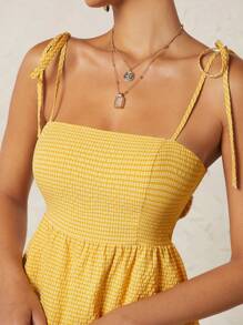 Hauture Váy yếm hở lưng có nơ xếp lớp Gingham - Màu vàng - Xem 3