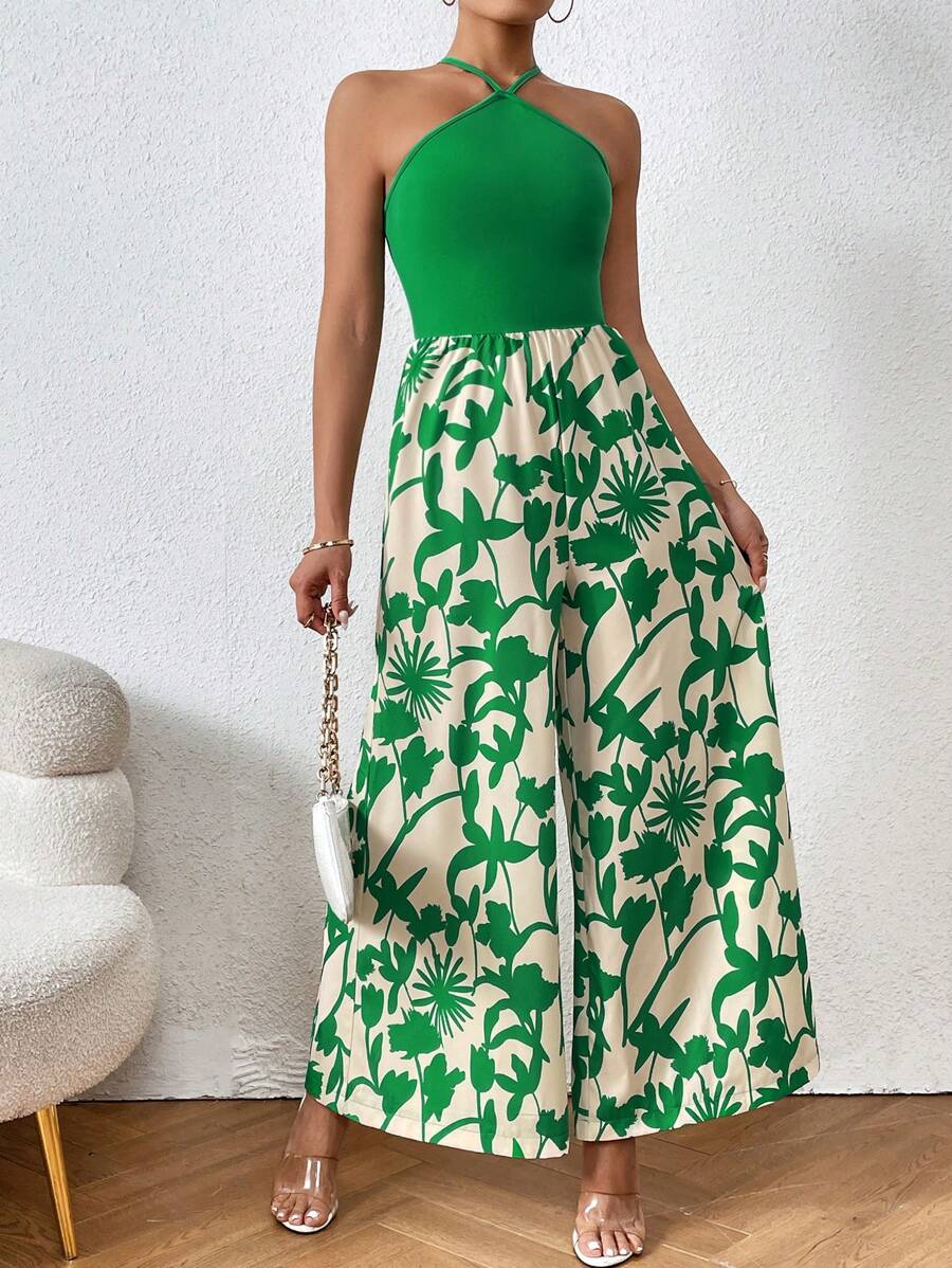 SHEIN LUNE Floral Print Tie Back Halter Neck Wide Leg Jumpsuit - Multicolor - View 1