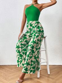 SHEIN LUNE Floral Print Tie Back Halter Neck Wide Leg Jumpsuit - Multicolor - View 5
