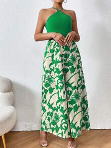 SHEIN LUNE Floral Print Tie Back Halter Neck Wide Leg Jumpsuit - Multicolor - View 6