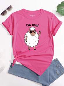 SHEIN LUNE 卡通和標語圖案T恤 - 玫紅色 - 查看 1