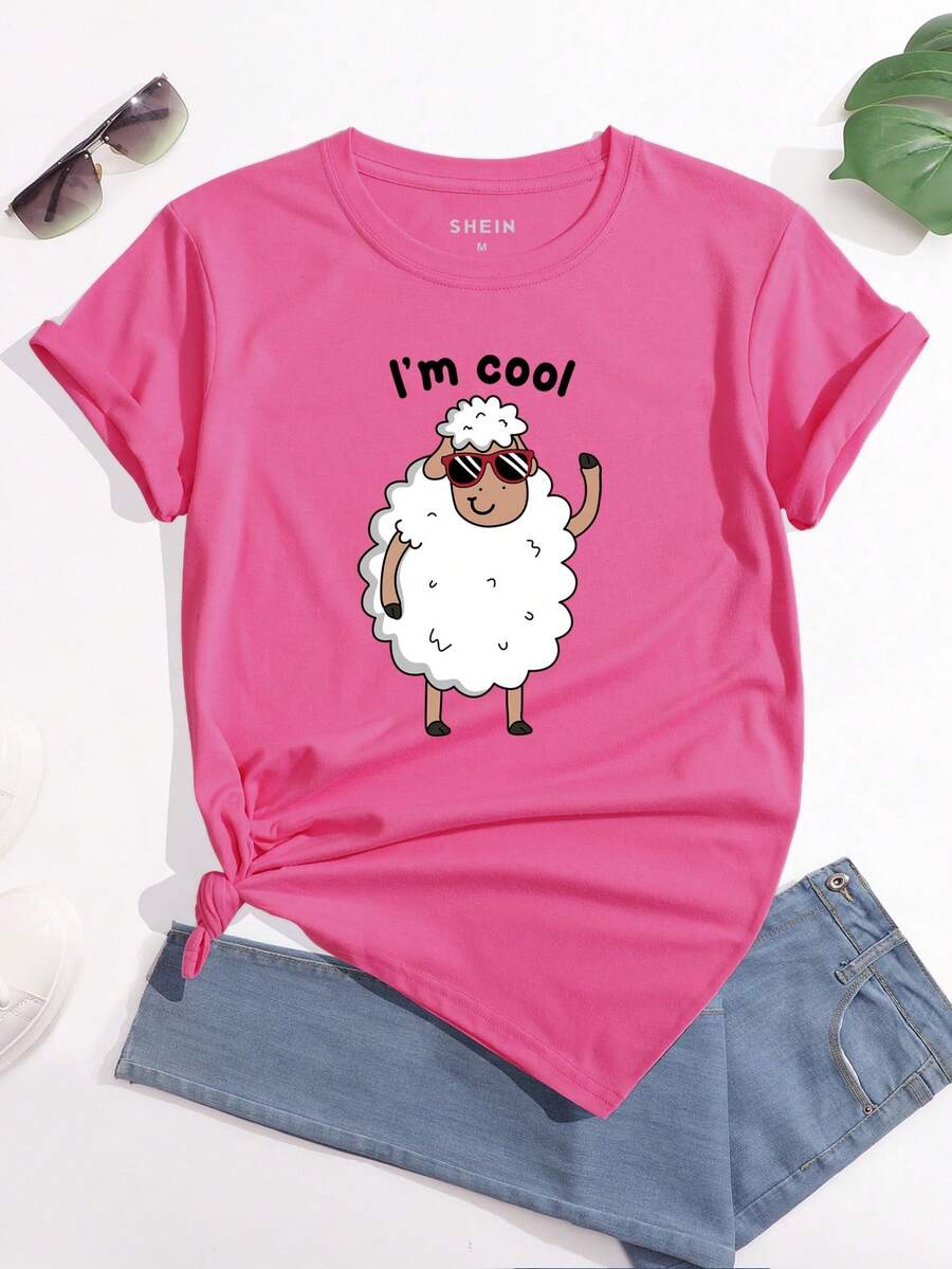 SHEIN LUNE 卡通和標語圖案T恤 - 玫紅色 - 查看 1