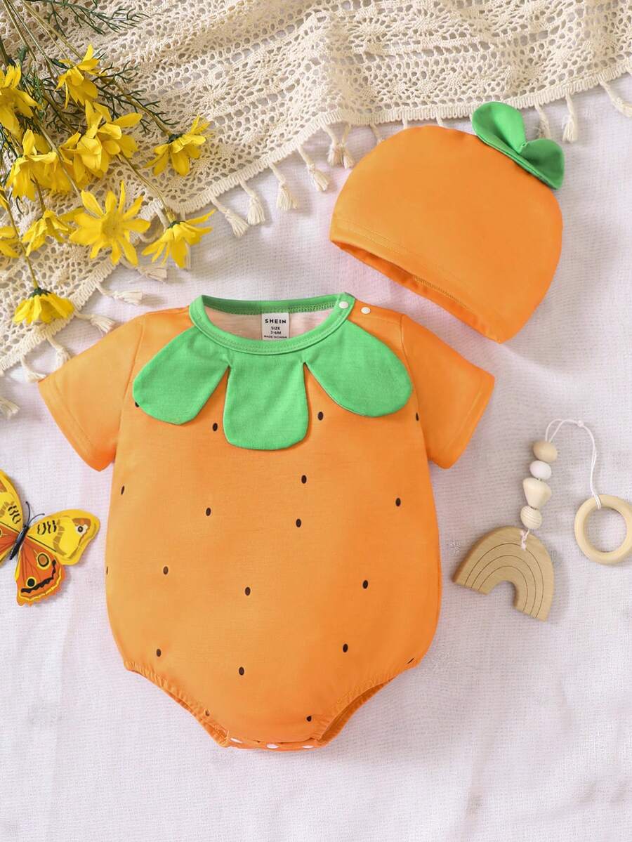 嬰兒水果印花戲服連體衣和配件帽 - 橘色 - 查看 1