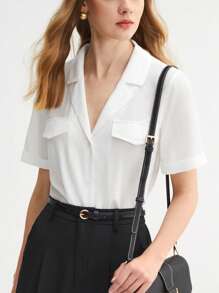 BizChic Solid Flap Detail Shirt Workwear - White - View 1
