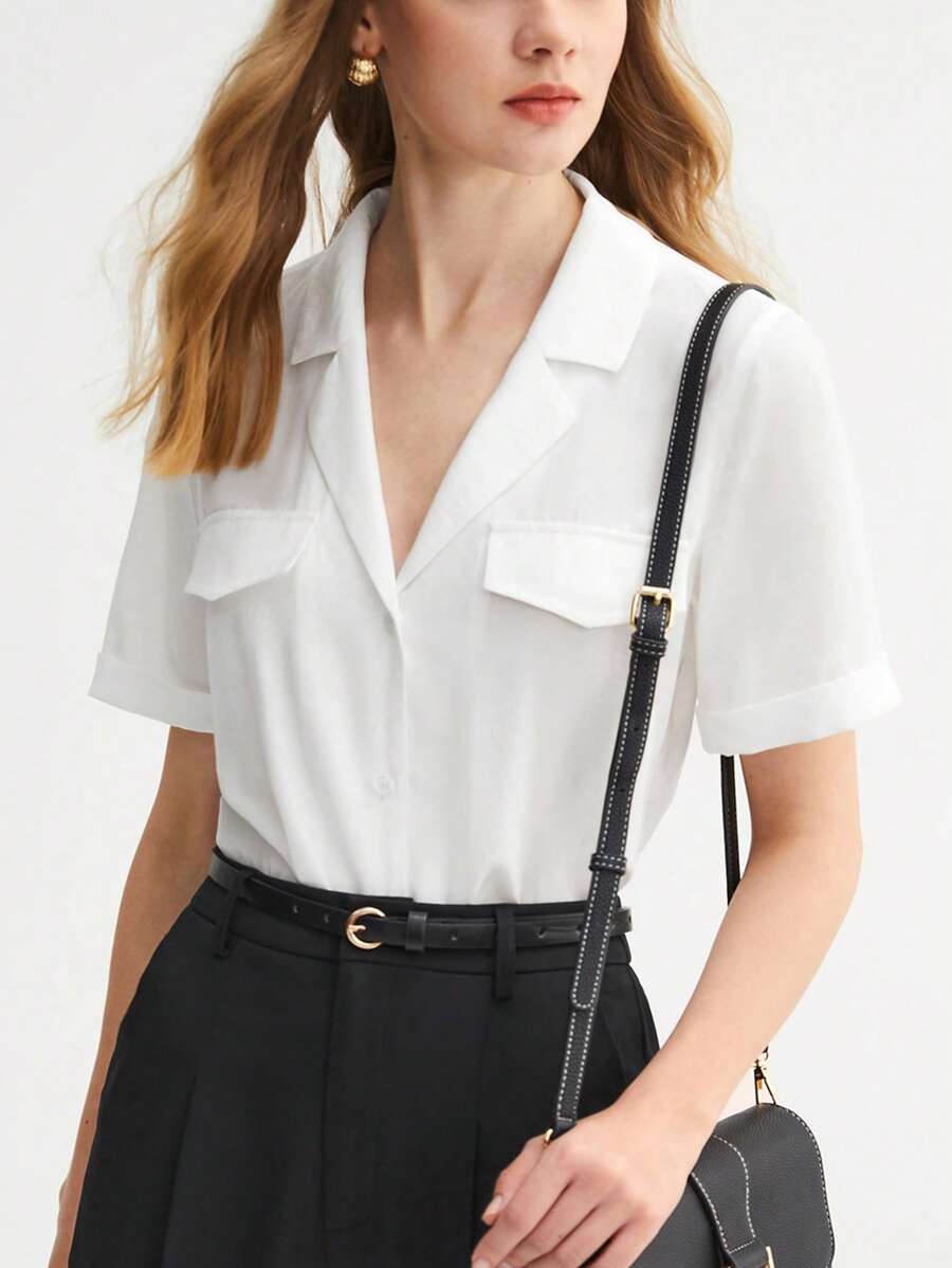 BizChic Solid Flap Detail Shirt Workwear - White - View 1