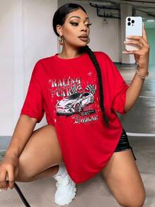 Slaydiva Áo thun hở vai họa tiết ô tô và chữ cỡ lớn - Đỏ - Xem 2