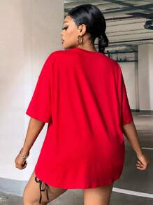 Slaydiva Áo thun hở vai họa tiết ô tô và chữ cỡ lớn - Đỏ - Xem 3