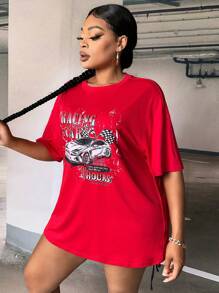 Slaydiva Áo thun hở vai họa tiết ô tô và chữ cỡ lớn - Đỏ - Xem 4