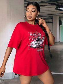 Slaydiva Áo thun hở vai họa tiết ô tô và chữ cỡ lớn - Đỏ - Xem 6