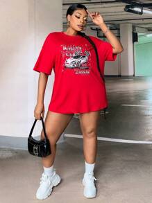 Slaydiva Áo thun hở vai họa tiết ô tô và chữ cỡ lớn - Đỏ - Xem 1