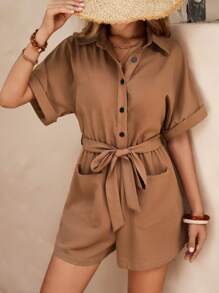 SHEIN LUNE 雙口袋蝙蝠袖腰帶襯衫連體短褲