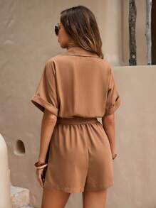 SHEIN LUNE 雙口袋蝙蝠袖腰帶襯衫連體短褲