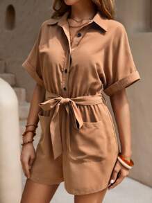 SHEIN LUNE 雙口袋蝙蝠袖腰帶襯衫連體短褲