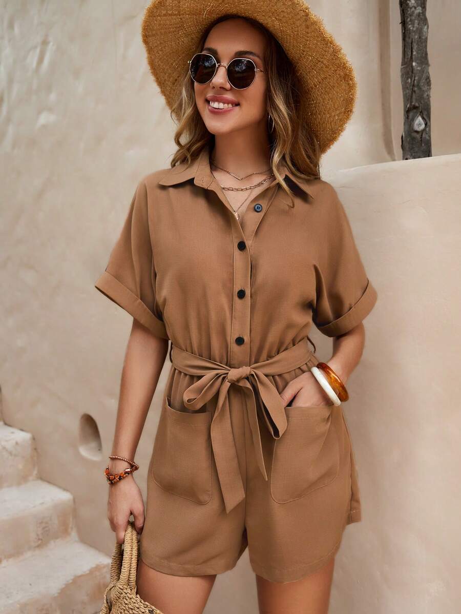 SHEIN LUNE 雙口袋蝙蝠袖腰帶襯衫連體短褲