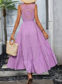 SHEIN VCAY Guipure Lace Insert Ruffle Hem Smock Dress - Lilac Purple - View 2