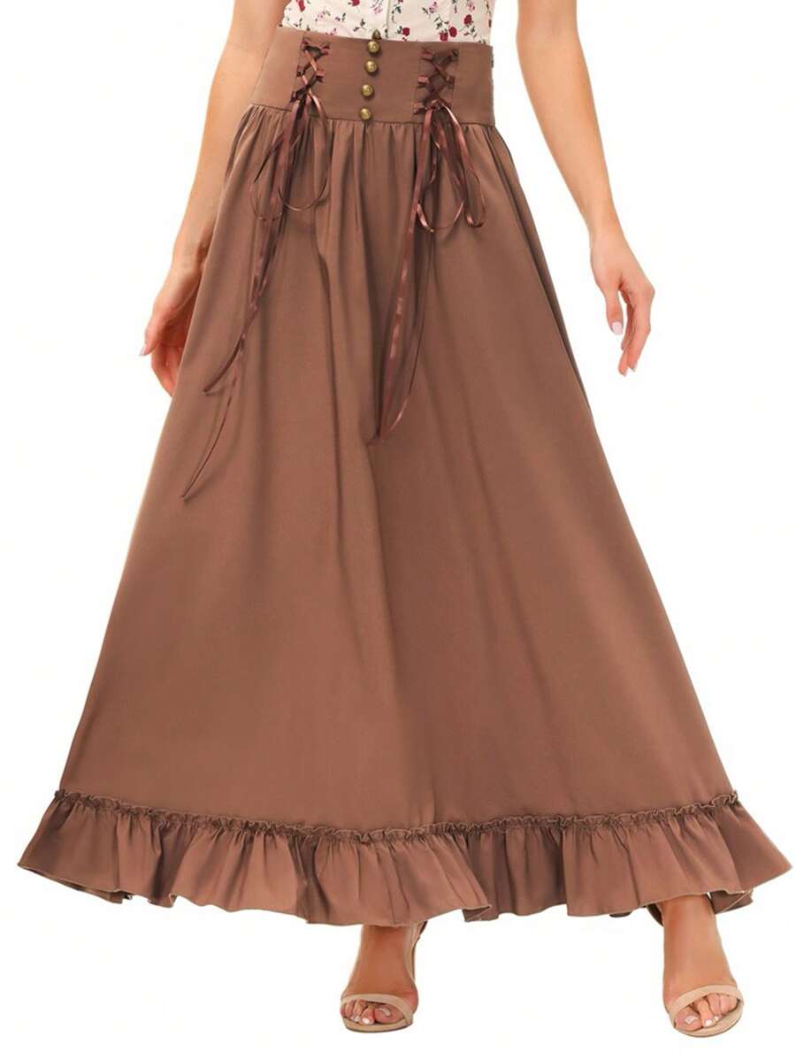 Scarlet Darkness Lace Up Front Ruffle Hem Skirt - Coffee Brown - View 1