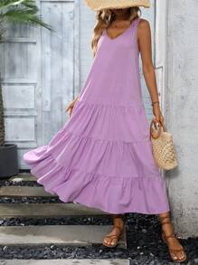 SHEIN VCAY Guipure Lace Insert Ruffle Hem Smock Dress - Lilac Purple - View 3