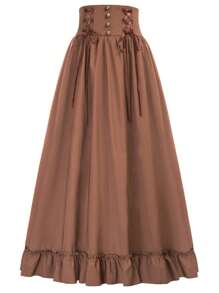 Scarlet Darkness Lace Up Front Ruffle Hem Skirt - Coffee Brown - View 3