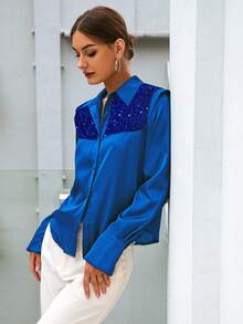 Sollinarry Contrast Sequin Button Front Shirt - Royal Blue - View 3