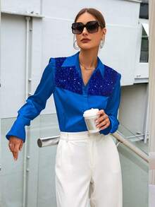 Sollinarry Contrast Sequin Button Front Shirt - Royal Blue - View 4