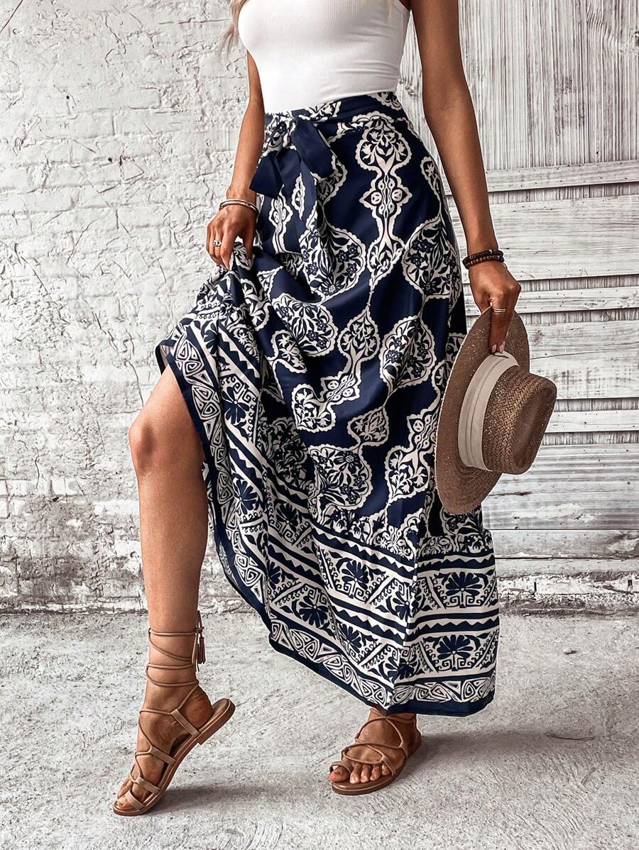 SHEIN VCAY Váy nữ Viên lá sen Nhiệt đới Boho - Màu xanh hải quân - Xem 1