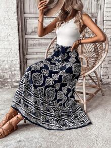 SHEIN VCAY Váy nữ Viên lá sen Nhiệt đới Boho - Màu xanh hải quân - Xem 4