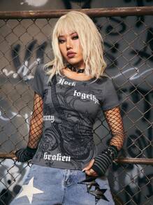 ROMWE Grunge Punk Áo thun nữ Lá thư Giải trí - Xám - Xem 1