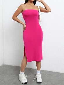 SHEIN EZwear 高衩抹胸緊身連衣裙 - 玫紅色 - 查看 3