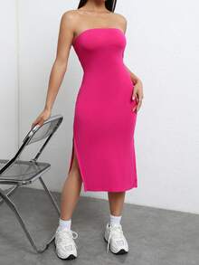 SHEIN EZwear 高衩抹胸緊身連衣裙 - 玫紅色 - 查看 5