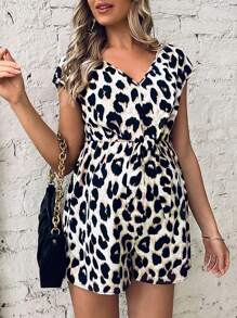 SHEIN Maternity Leopard Print Batwing Sleeve Romper - Multicolor - View 4