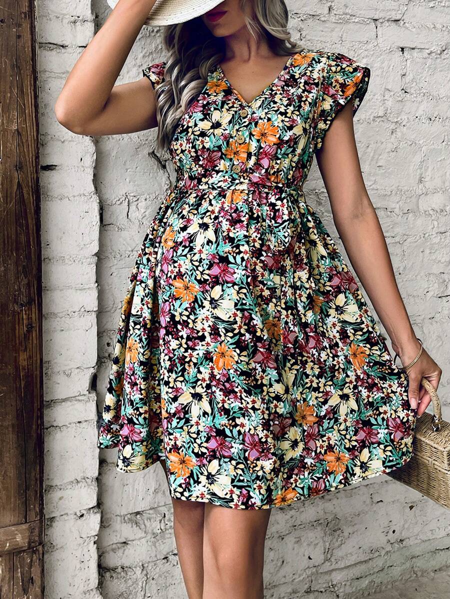 SHEIN Maternity Allover Floral Print Ruffle Trim Belted Dress - Multicolor - View 1
