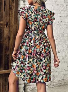 SHEIN Maternity Allover Floral Print Ruffle Trim Belted Dress - Multicolor - View 2
